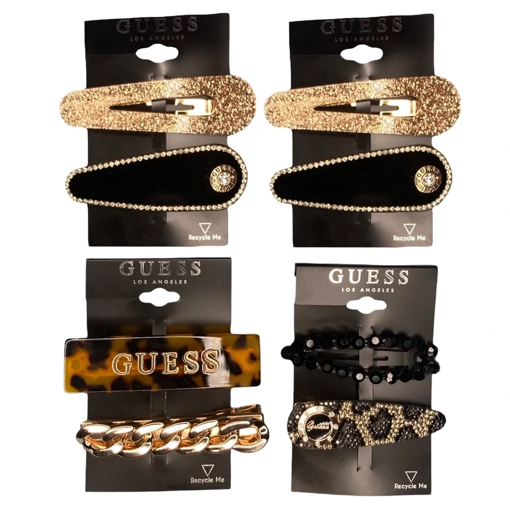 (4) GUESS Hair Clips Accessories Tortoise Chain Bling Rhinestone Leopard Glitter